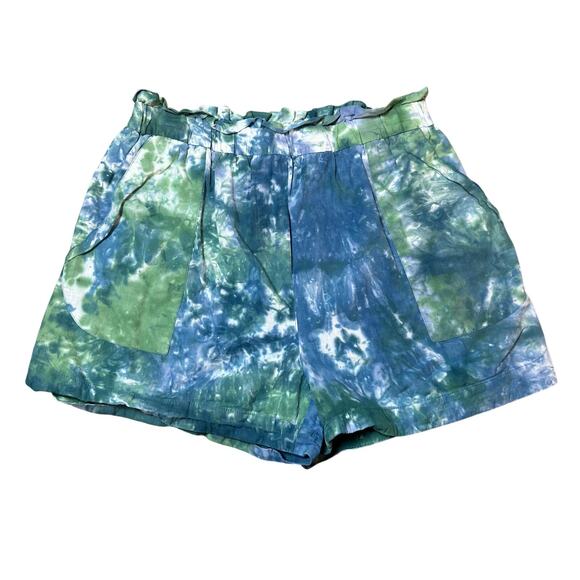 FRNCH Pants - FRNCH Blue Green Tie Dye Paperbag Waist Cotton Shorts